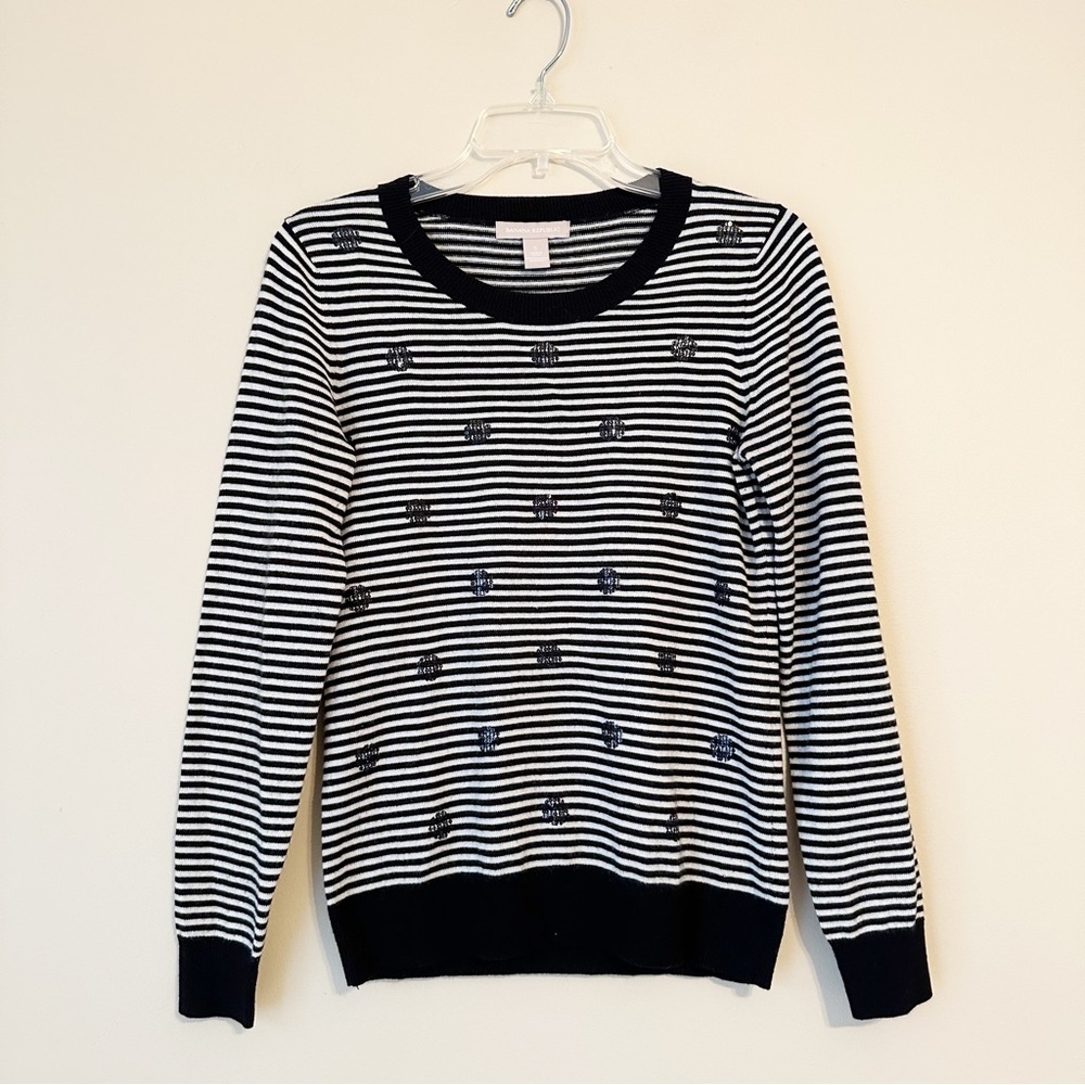 Banana Republic Sequin Wool Blend Black White Stripe Sweater - Small
